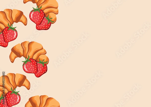 Obraz poster with French croissants and strawberries arranged randomly, for menus and various food designs	