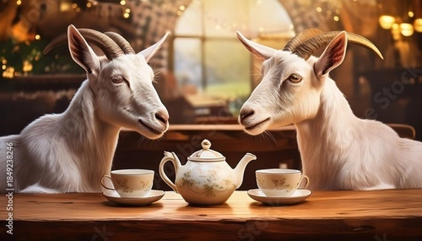Obraz Two goats at tea service