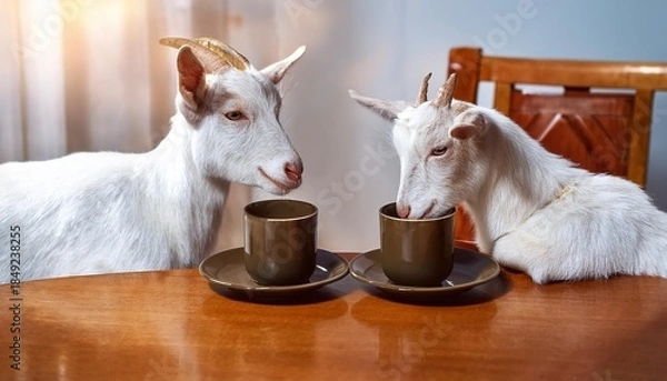Obraz Two goats drinking from coffee cups