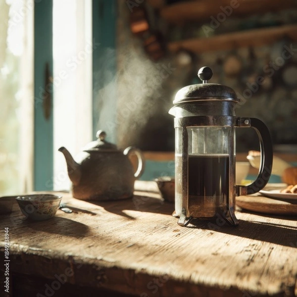 Fototapeta steaming cup of coffee and a french press on an old wooden table