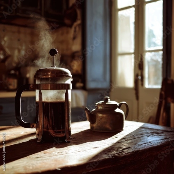 Fototapeta steaming cup of coffee and a french press on an old wooden table