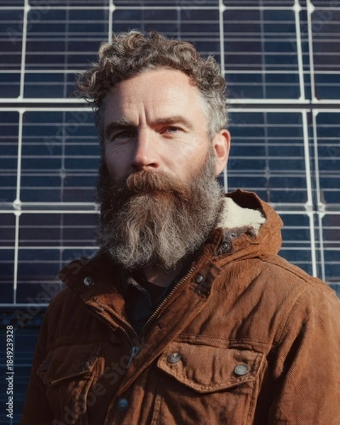 Fototapeta bearded man with a solar panel background