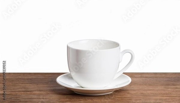 Obraz White teacup and saucer on wood table