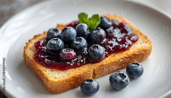 Obraz Toast with mixed berry jam and scattered blueberries around