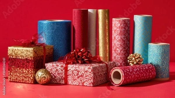 Fototapeta Gift boxes with velvet ribbons, wrapping paper rolls, and decorations on red background