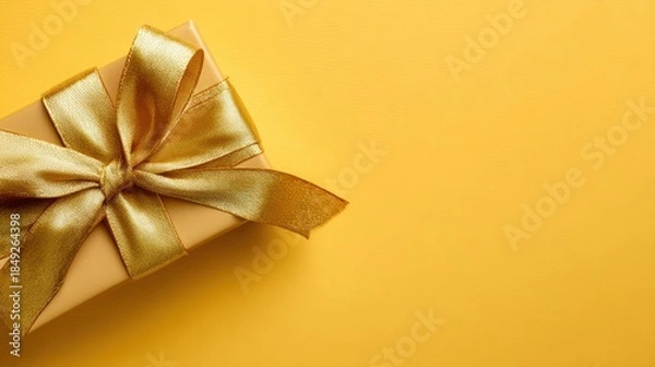 Fototapeta Gift wrapped in gold ribbon on yellow background for Christmas, birthday, or celebration banner with copy space