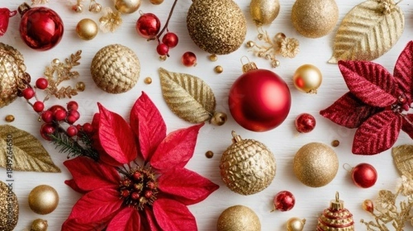 Fototapeta Gold and red Christmas decorations on white background, flat lay, top view