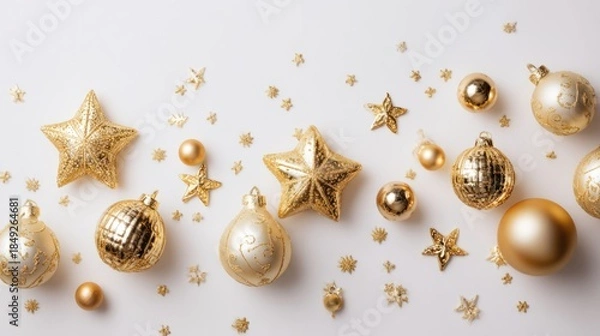 Fototapeta Gold Christmas balls and stars on white background, top view for greeting card or banner