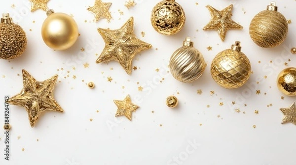 Fototapeta Gold Christmas balls and stars on white background, top view for greeting card or banner