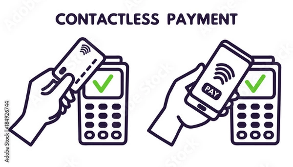 Fototapeta NFC technology payment vector ounline icon. Contacless, wireless payment with credit plastic card, smartphone, POS terminal. Mobile pay isolated sign
