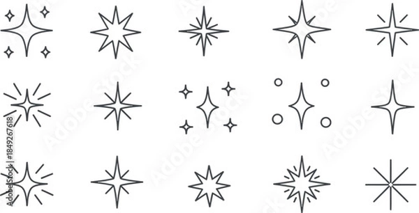 Fototapeta A versatile collection of minimalist sparkle and star outline icons perfect for modern design elements and graphic resources