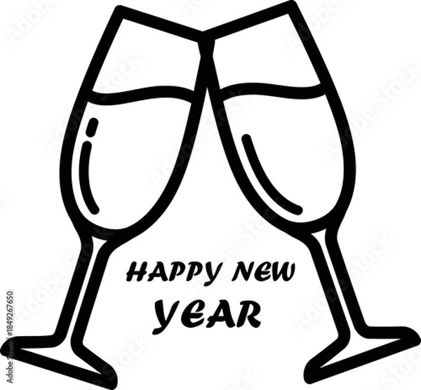 Fototapeta Elegant Happy New Year celebration toast with two clinking champagne glasses line icon illustration perfect for festive holiday designs and greeting cards