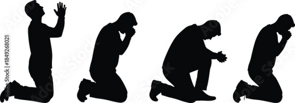 Obraz Silhouette figures kneeling in prayer, spiritual reflection, emotional depth, meditation pose, black background, religious devotion, peaceful posture, symbolic gesture
