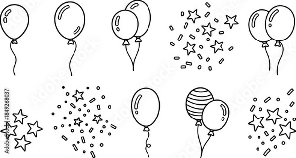 Fototapeta Line art illustrations of various festive balloons and decorative confetti including scattered stars perfect for party designs and celebrations