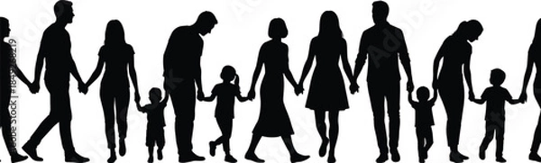 Obraz Silhouette, family, people, together, unity, children, adults, holding hands, community, connection, black, walking, standing, interaction, love, support, bonding, lifestyle, graphic