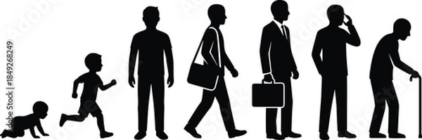Obraz Silhouette, human, life, stages, aging, timeline, development, growth, childhood, adulthood, elderly, journey, evolution, people, graphic, illustration, transformation, identity, progression