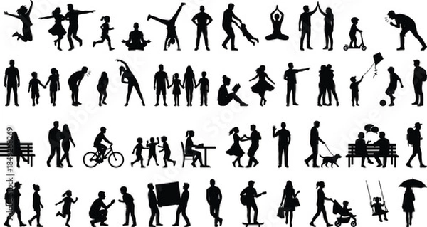 Obraz Silhouette, people, activity, lifestyle, interaction, movement, black, human, group, pose, dancing, walking, reading, cycling, exercise, meditation, children, adults, community, illustration