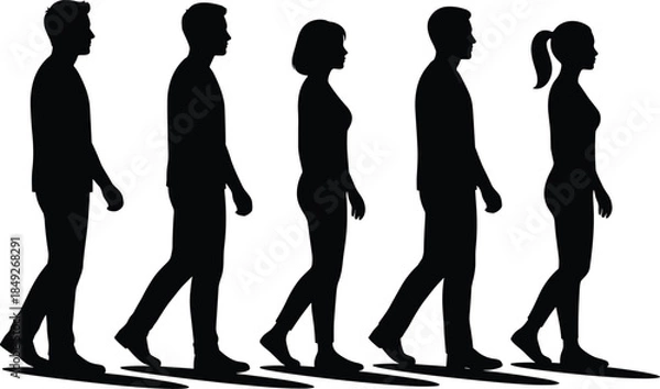 Obraz Silhouette, walking, people, motion, side profile, black figures, human movement, urban scene, shadow, stride, male, female, walking pattern, animation, behavior, lifestyle, pedestrian, group