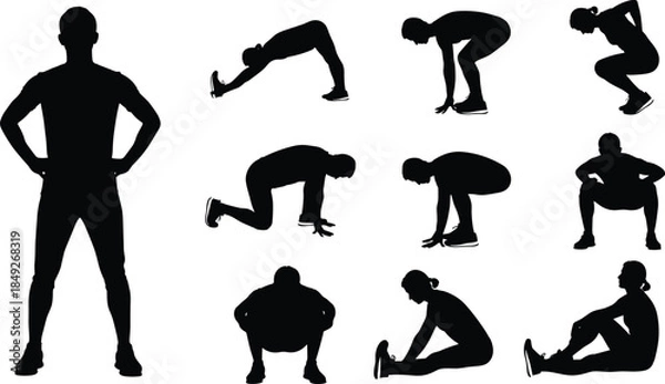 Obraz Stretching poses, silhouette illustration, fitness movement, warm-up exercise, flexibility training, black and white graphic, physical health, posture, wellness, workout routine