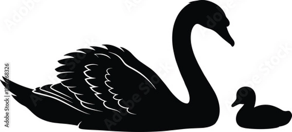 Obraz Swan and cygnet silhouette illustration, elegant mother bird with baby, wildlife family concept, isolated white background, minimalist black vector art