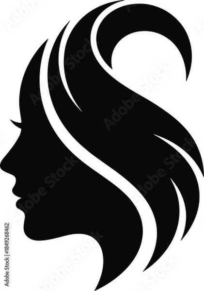 Obraz Woman profile silhouette with flowing hair, elegant design, black illustration, beauty concept, feminine icon, abstract style, white background
