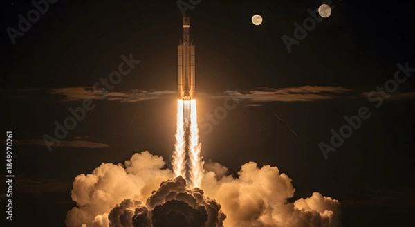 Fototapeta Rocket launch at night with two moons and clouds space