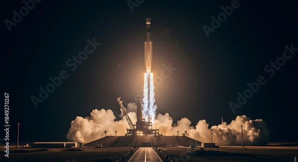 Fototapeta Rocket launch at night with bright exhaust and smoke