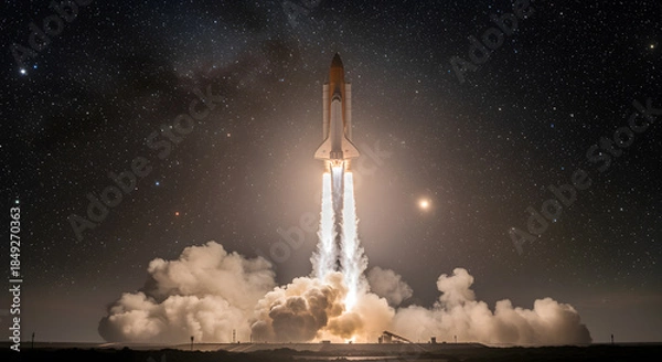 Fototapeta Space shuttle launching at night with starry sky rocket