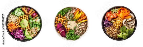 Fototapeta Top View of Colorful Veggie Bowls with Fresh Ingredients and Healthy Grains Isolated on Transparent Background