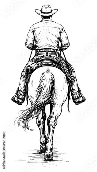 Fototapeta Cowboy riding a horse backview sketch vector illustration