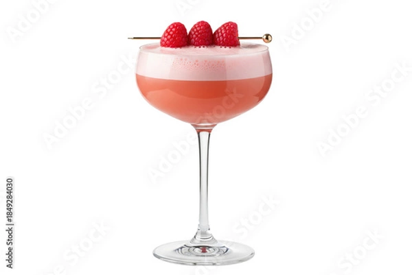 Obraz Classic Clover Club cocktail with raspberry garnish and foam in a coupe glass