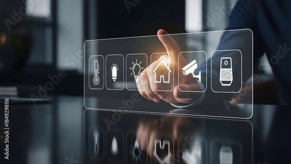 Obraz User interacts with a smart home interface displaying various control icons