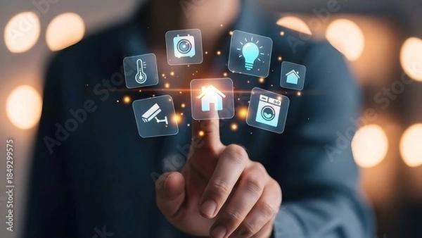 Obraz Smart Home Technology Icons Interacting with a Human Finger