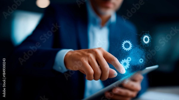 Obraz Streamline business automation processes visualization heavily defocused background integrated technology solutions for maximum efficiency growth optimization representation