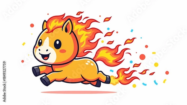 Fototapeta Adorable fire horse running happily with flame trail behind energetic pose chibi proportions glowing flame mane