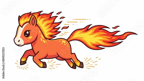 Fototapeta Adorable fire horse running happily with flame trail behind energetic pose chibi proportions glowing flame mane