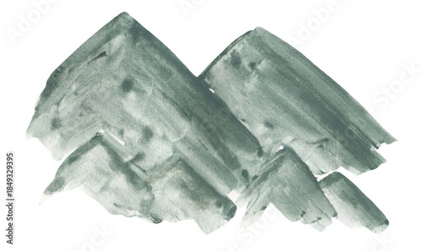 Fototapeta Watercolor gray green mist ink hand painting mountains illustration. Watercolour textured layered forest hill landscape isolated on white background, outdoor travel concept, paint peak boarder
