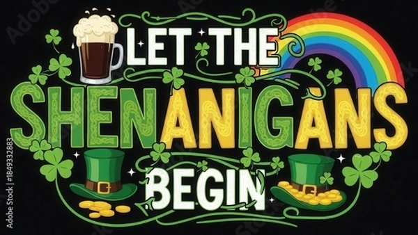 Fototapeta Vibrant St. Patrick's Day sign with shamrocks and rainbow