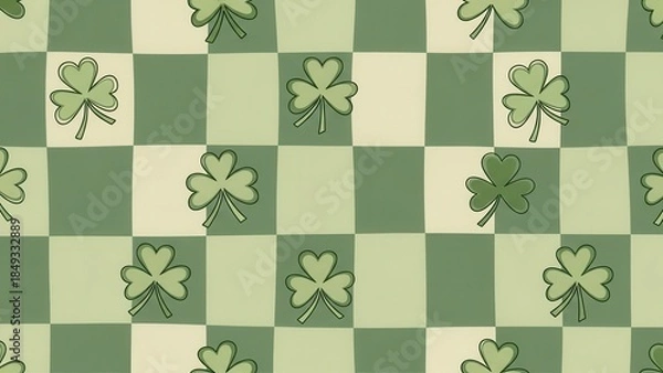 Fototapeta Vibrant green shamrock pattern on checkered background