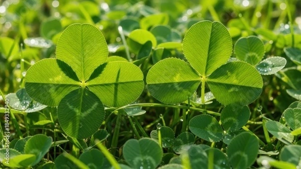 Fototapeta Lucky four leaf clovers in lush green field with dew drops