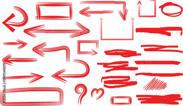 Obraz Collection of hand drawn red marker arrows underlines and rectangular shapes for highlighting important text elements.