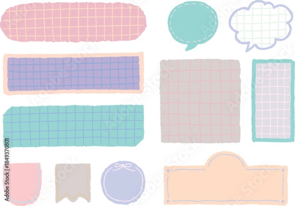 Obraz 手描き風線画の見出しフレーム・吹き出し素材セット（チェック柄・くすみパステル）