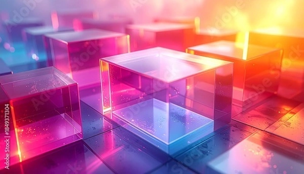 Obraz Abstract background with transparent glass cubes reflecting vibrant gradient light, digital technology concept.