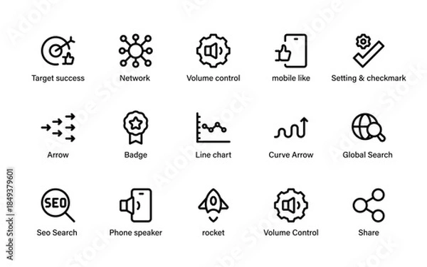 Obraz Digital business and productivity icons pack. Analytics, email, shopping, SEO, target, marketing, finance, and growth concepts collection.