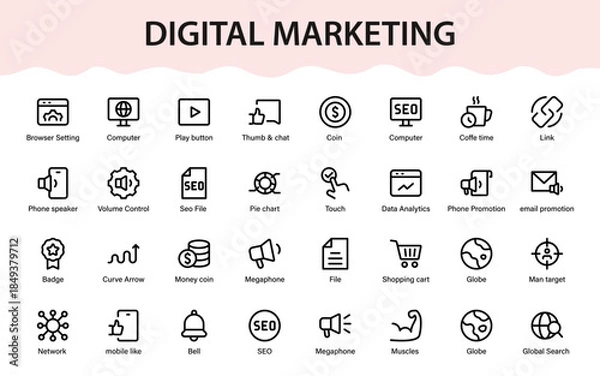Fototapeta Digital marketing communication promotion icons. Analytics, SEO, social engagement, commerce, messaging, growth symbols