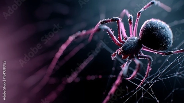 Obraz Close-up purple-lit black spider on glistening web