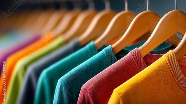 Obraz Row of colorful Tshirts on wooden hangers arranged