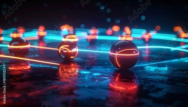 Obraz Abstract Digital Network with Glowing Spheres and Neon Data Flow Lines