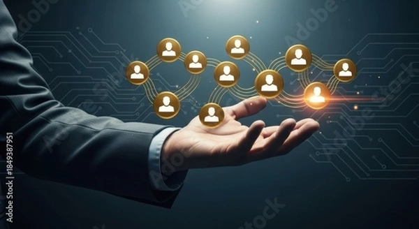 Fototapeta Hand holding glowing golden user network icons on a dark digital circuit background