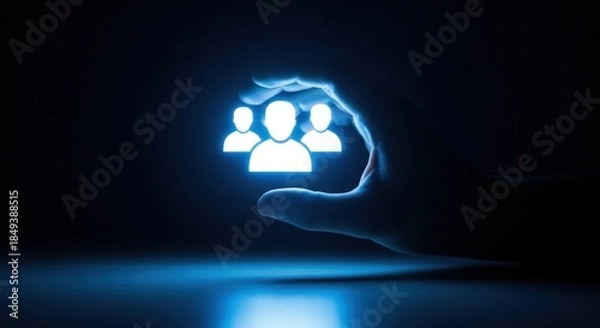 Fototapeta Hand presenting glowing team icon in a dark blue digital environment